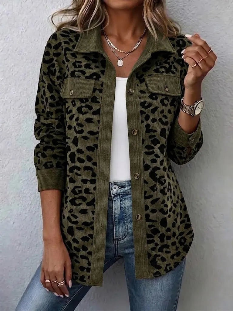 Army Green leopard print corduroy shacket
