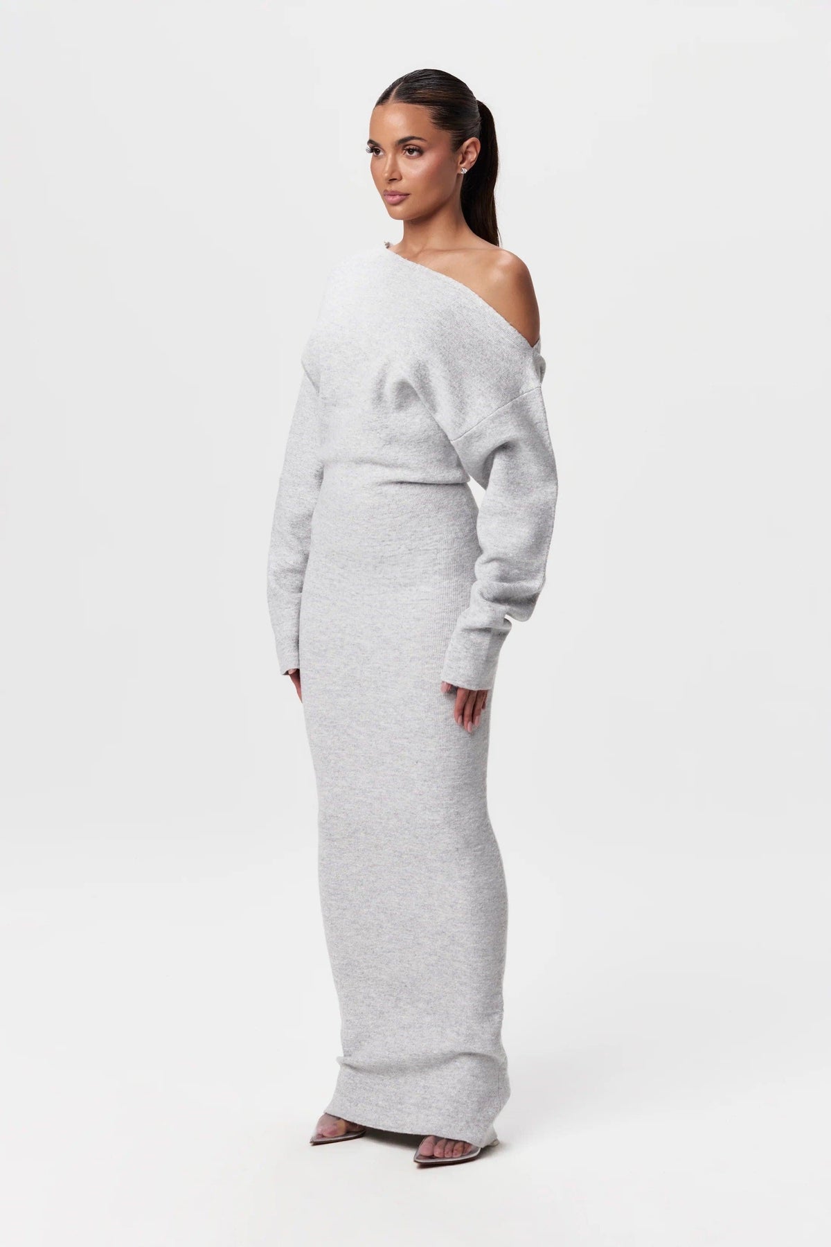Gray merino off-shoulder maxi dress