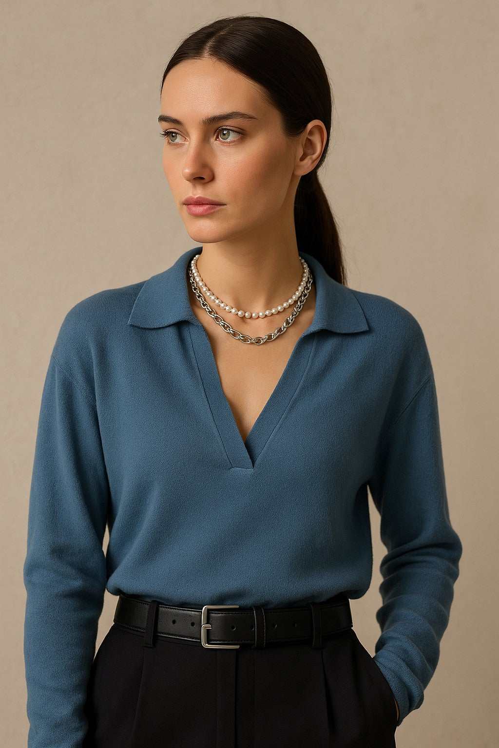 Merino wool collared knit polo top