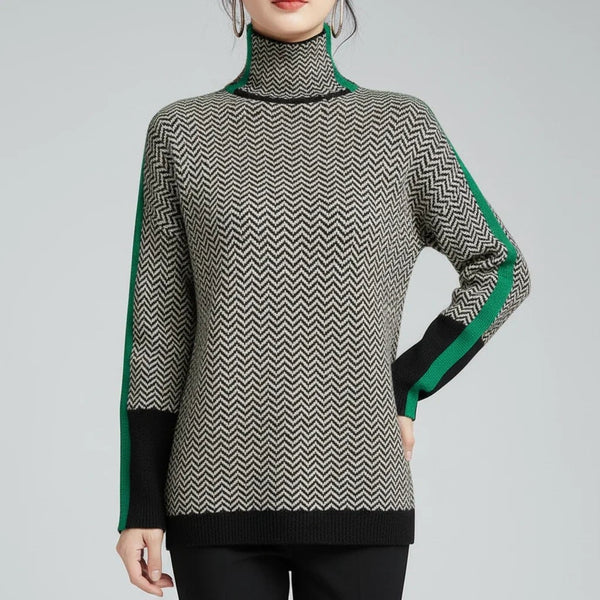 Green merino wool herringbone roll neck jumper