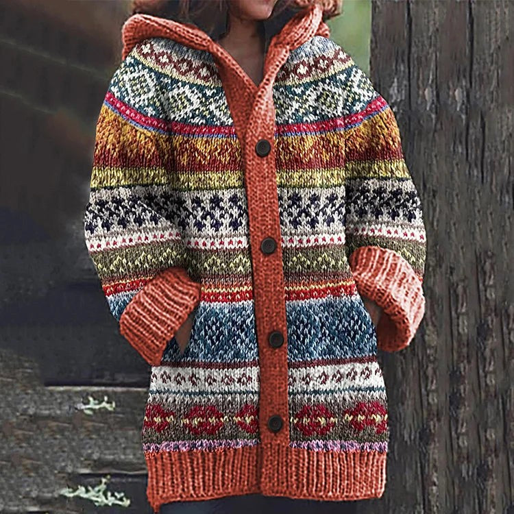 Orange nordic fair isle hooded cardigan