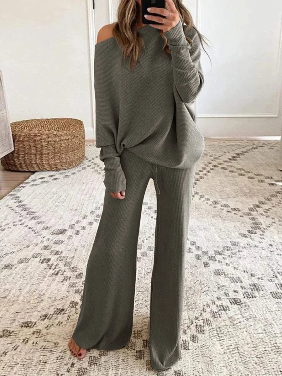 Gray off-shoulder knit lounge set