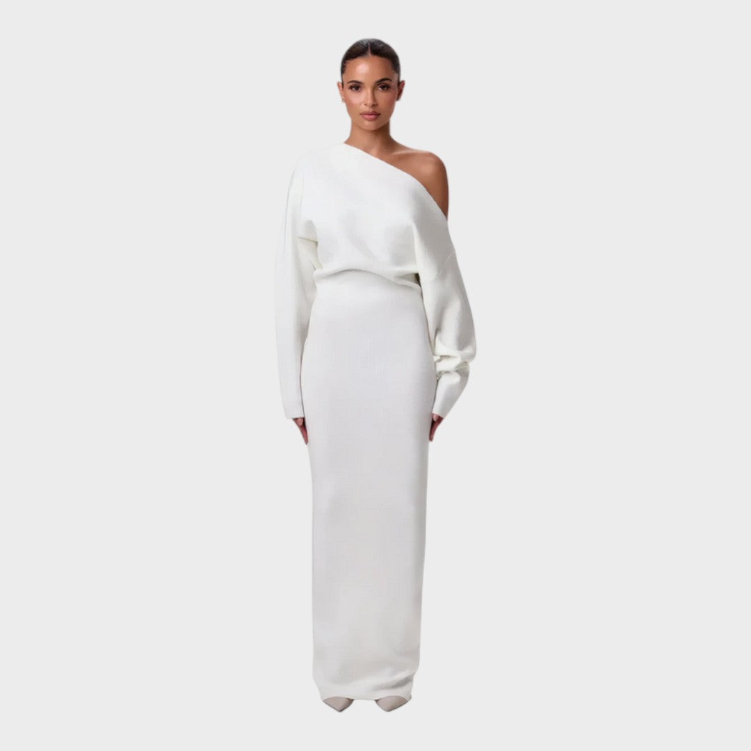 White off-shoulder knit maxi dress