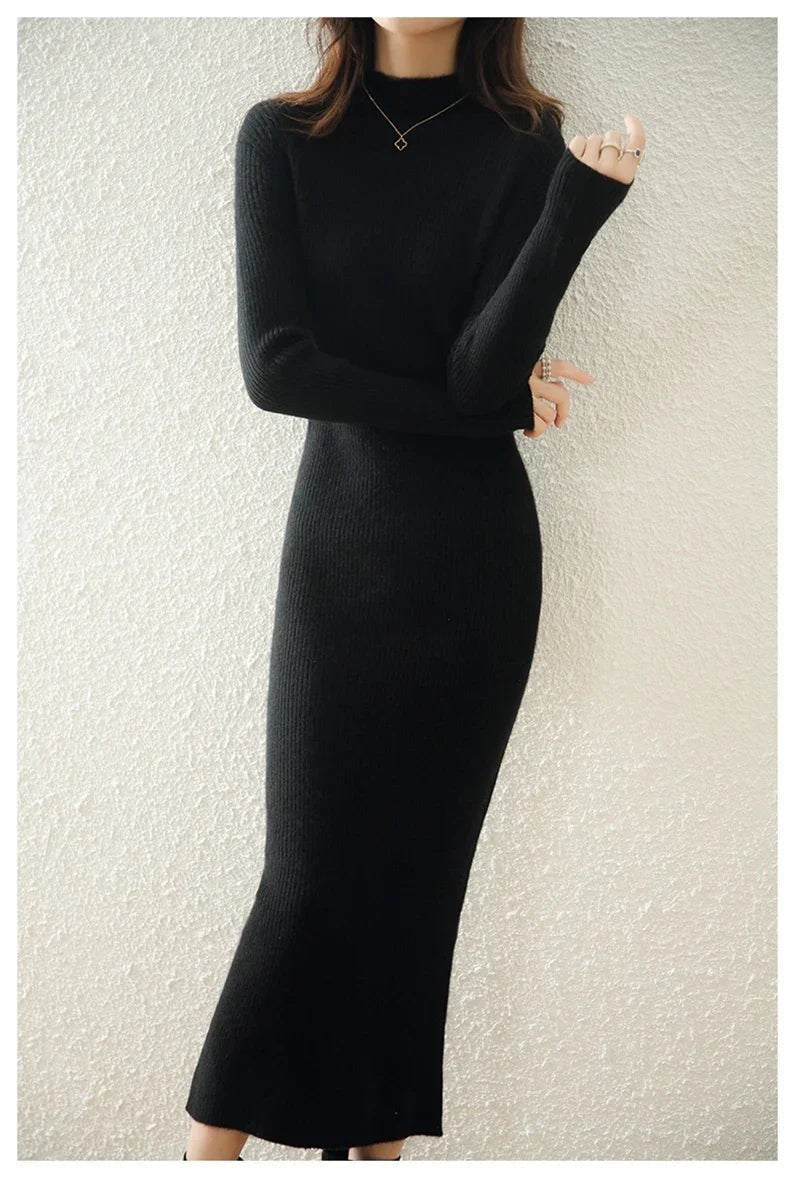 Ribbed mock neck wool midi dress