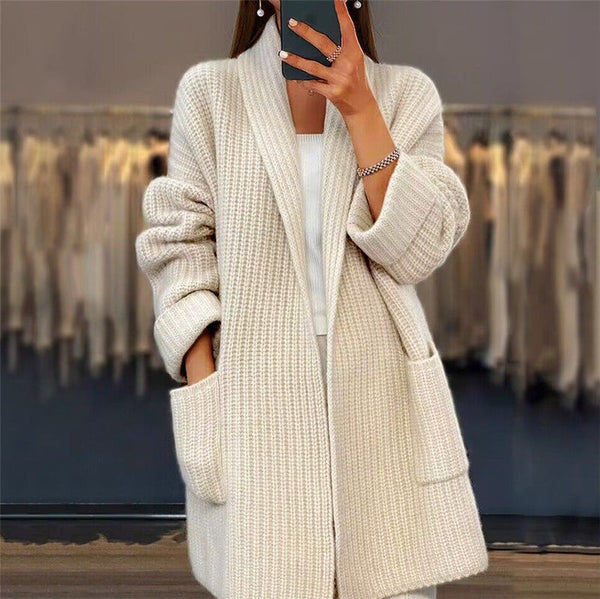 Beige ribbed open-front cardigan