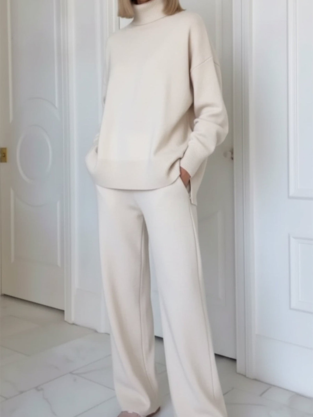 White roll neck knit loungewear set