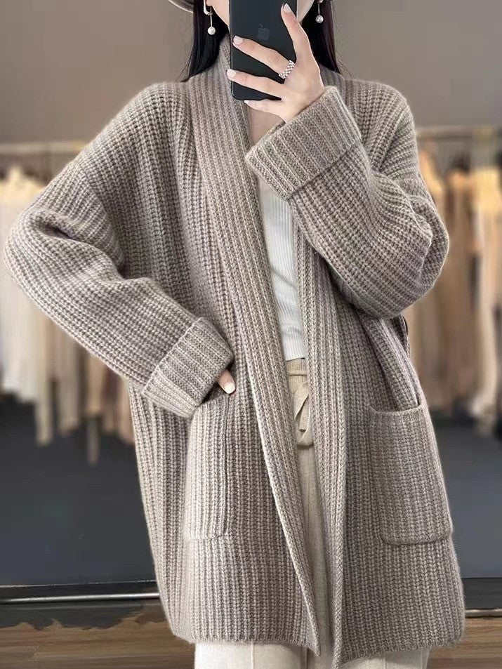 Taupe shawl collar open-front cardigan