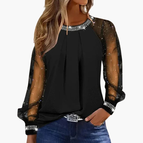 Black sheer-sleeve embellished blouse