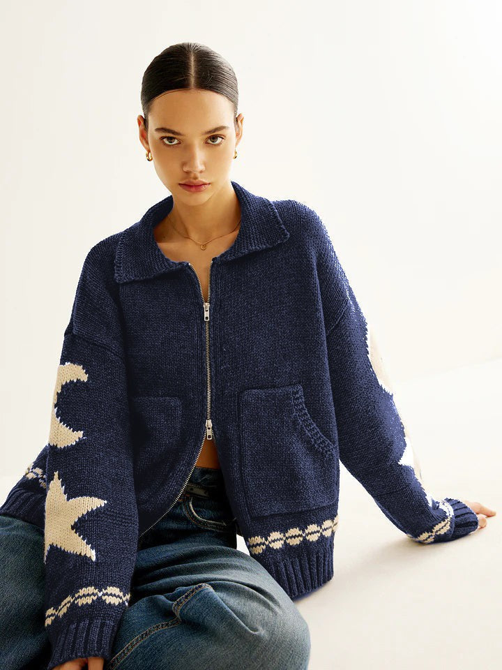 Blue star-motif zip-up cardigan