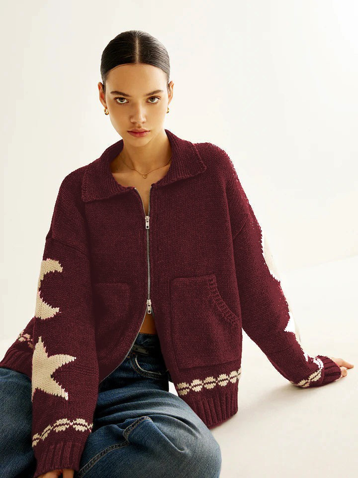 Burgundy star-motif zip-up cardigan