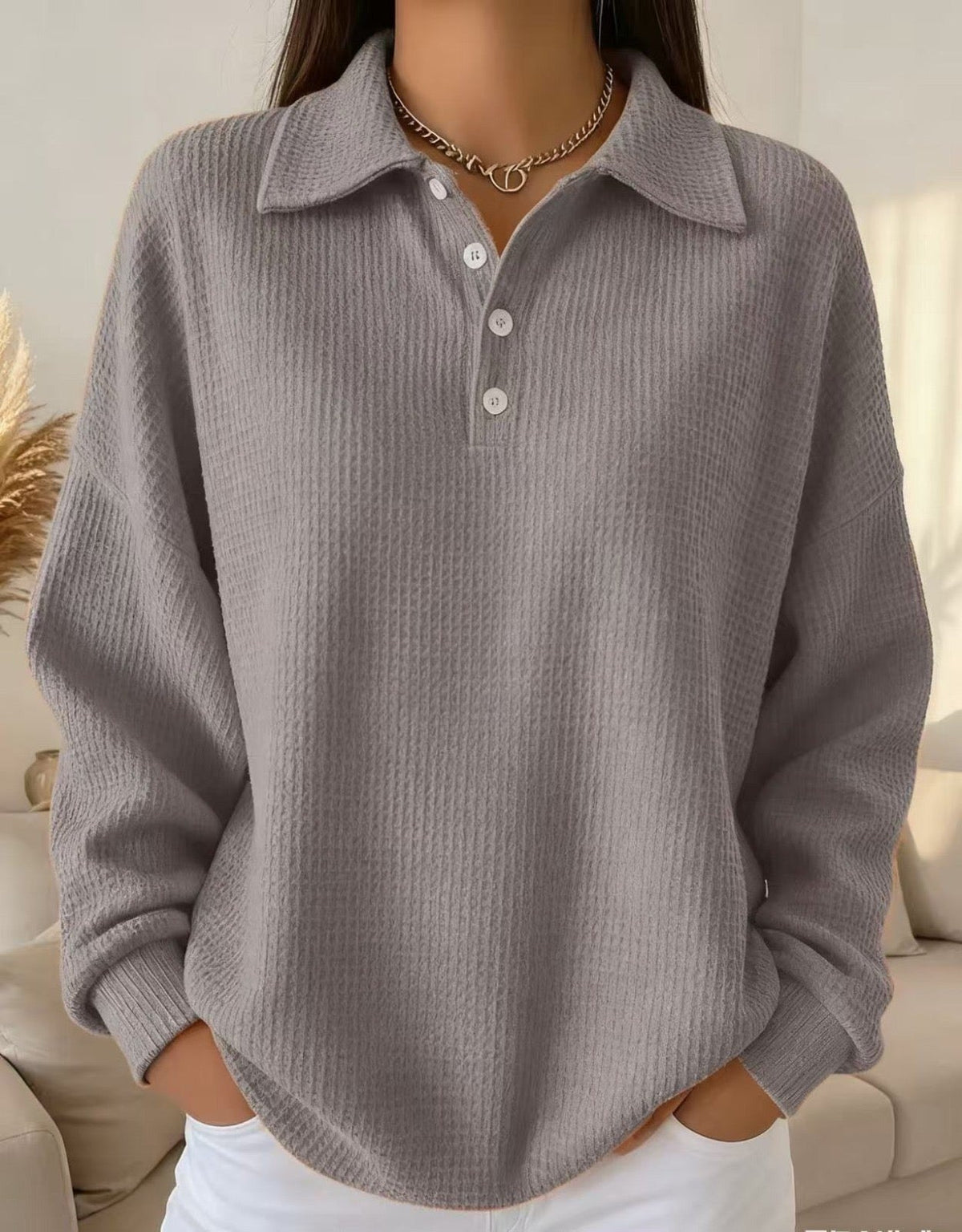 Gray waffle knit polo top