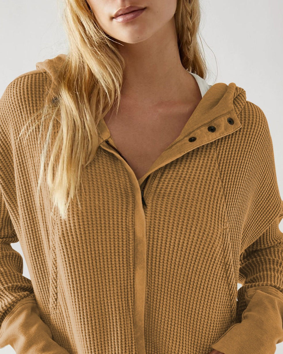 Waffle knit zip-up hoodie
