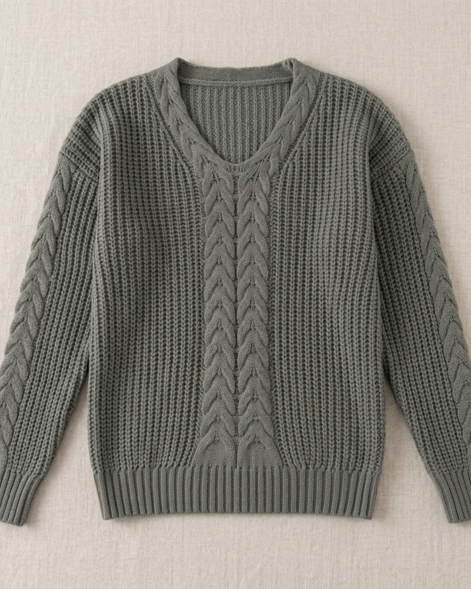 Wool cable knit v-neck jumper