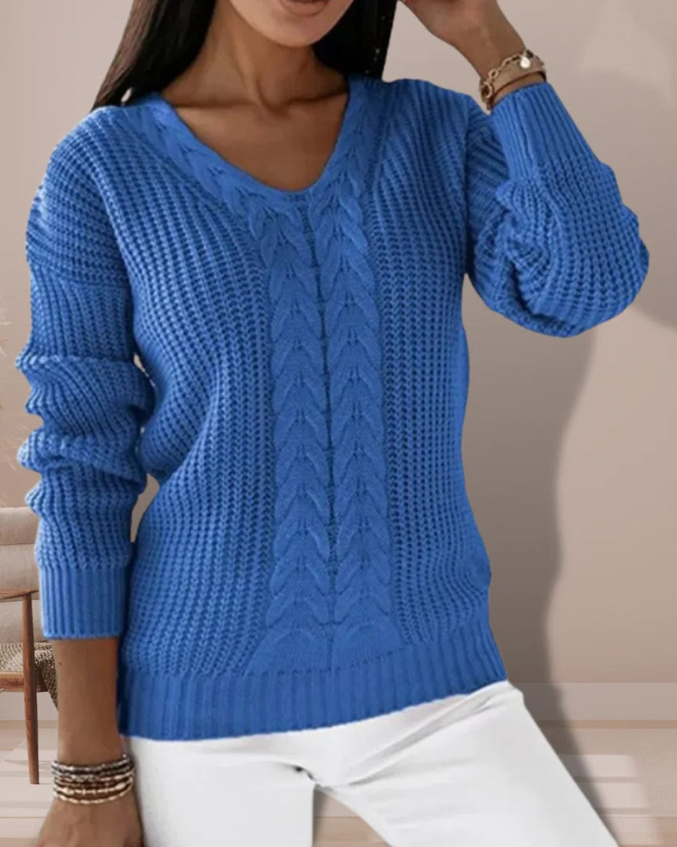 Blue wool cable knit v-neck jumper