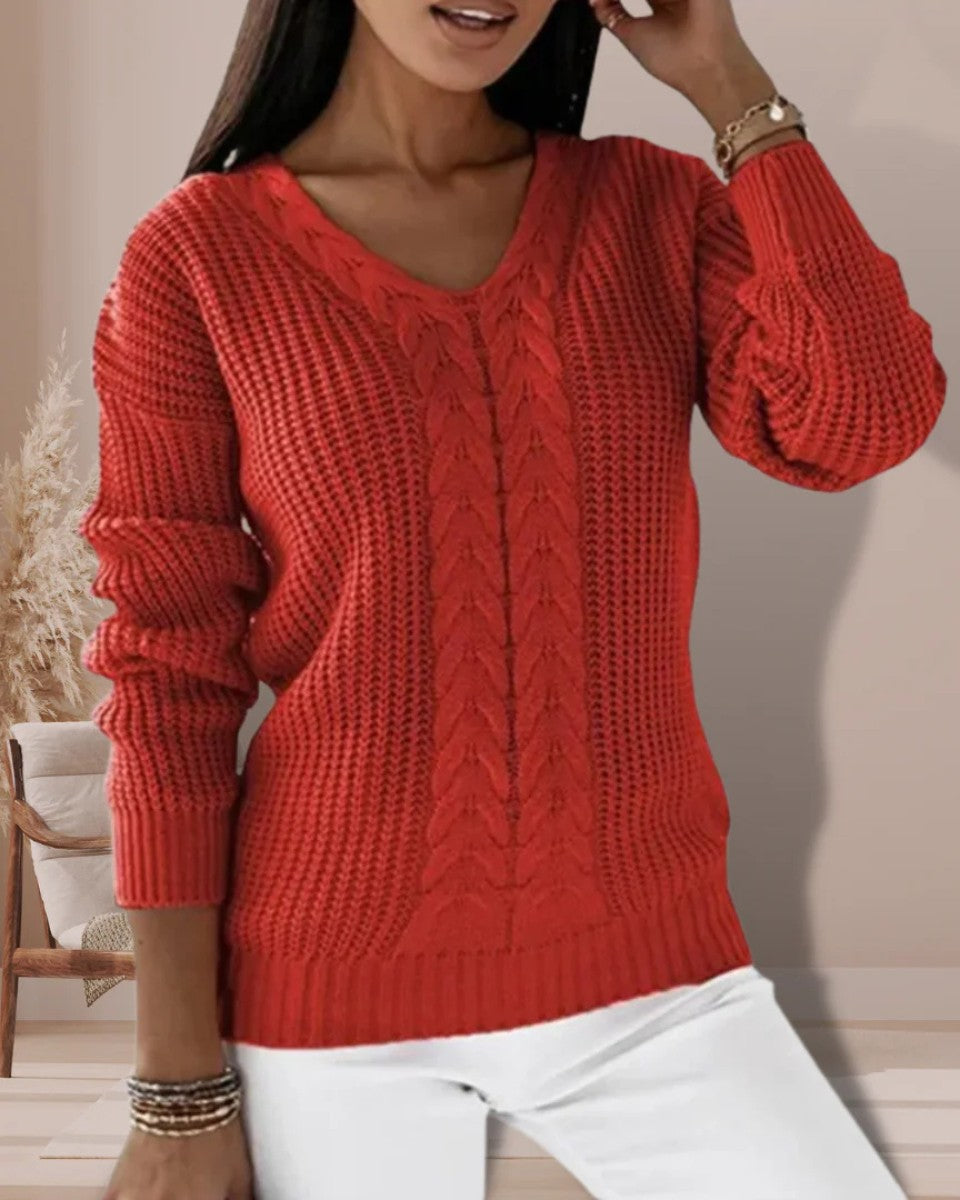 Red wool cable knit v-neck jumper