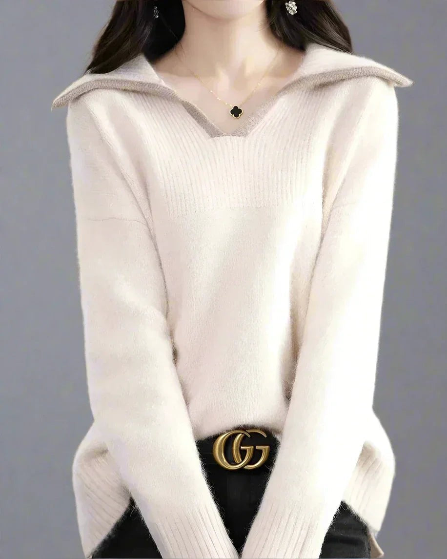 Ivory wool collared v-neck jumper
