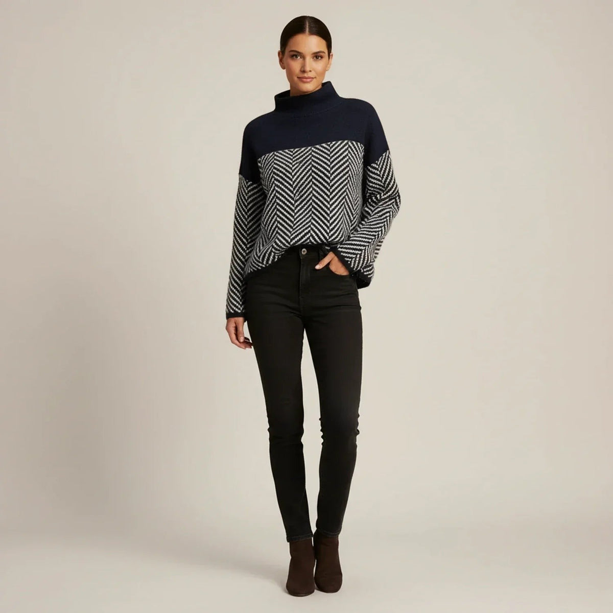 Wool herringbone roll neck jumper