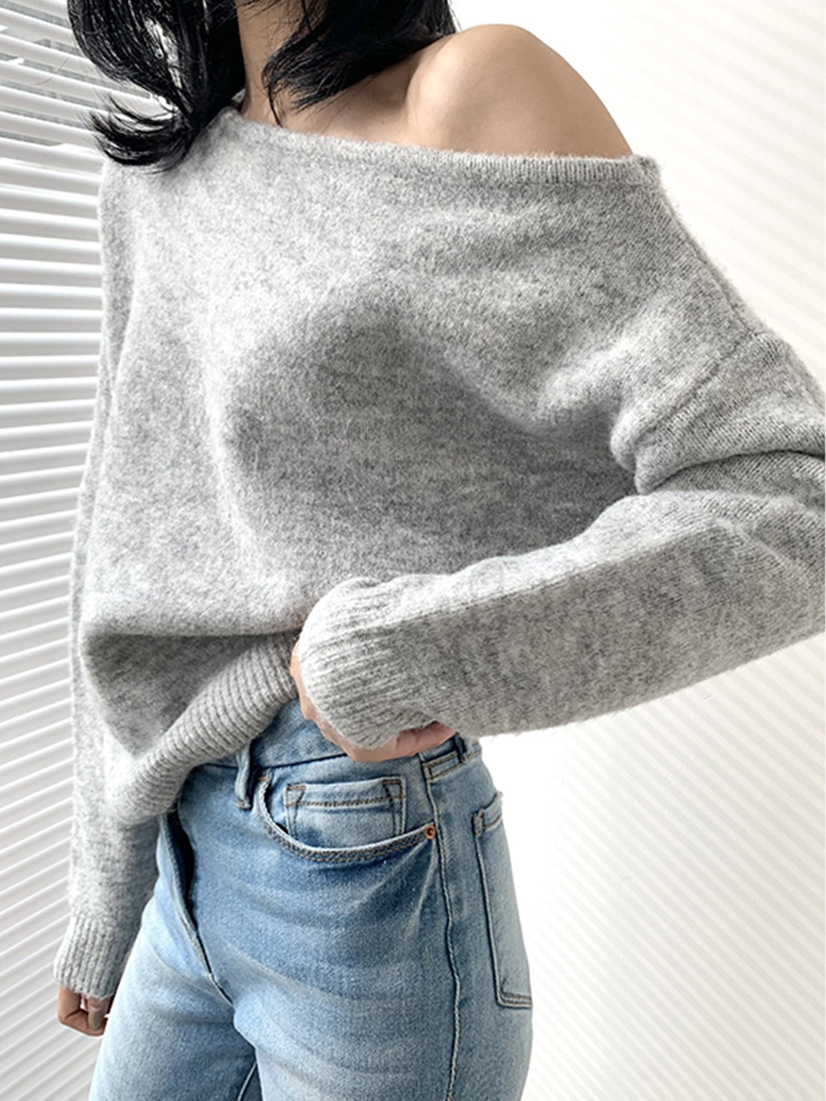 Grey wool off-shoulder jumper